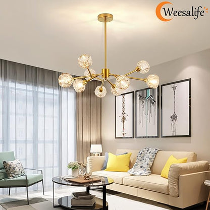 Weesalife Sputnik Chandeliers for Dining Room Light Fixture Over Table, Modern Crystal Chandeliers, 9 Lights Gold Lighting Fixtures for Living Room Bedroom Kitchen Island