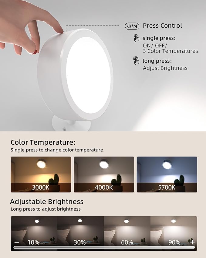 EZVALO LED Wall Mounted Light, 3000mAh Rechargeable Cordless Wall Sconce, Dimmable with Remote & Touch Control, 3 Color Temps, 360° Rotatable for Bedroom, Bedside, Reading(White, 2Pack)
