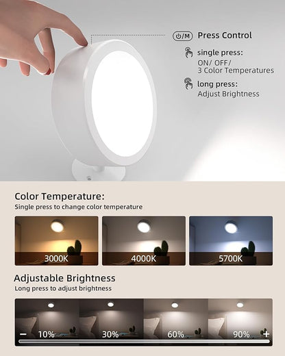 EZVALO LED Wall Mounted Light, 3000mAh Rechargeable Cordless Wall Sconce, Dimmable with Remote & Touch Control, 3 Color Temps, 360° Rotatable for Bedroom, Bedside, Reading(White, 3Pack)