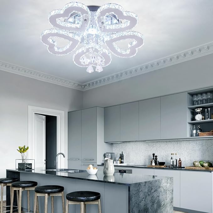 5 Heart Ring Crystal Ceiling Light, Modern LED Flush Mount Chandelier with K9 Crystals Cool White Stainless Steel Light Fixture for Living Room, Bedroom, Dining Room