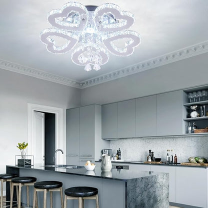 5 Heart Ring Crystal Ceiling Light, Modern LED Flush Mount Chandelier with K9 Crystals Cool White Stainless Steel Light Fixture for Living Room, Bedroom, Dining Room
