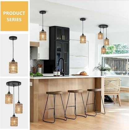 LAMSU 3 Pack Rattan Pendant Lights Kitchen Island, Farmhouse Pendant Lighting with Hand Woven Wicker Shade, Boho Chandelier Light Fixtures Ceiling Hanging for Dining Room Bedroom Foyer Hallway