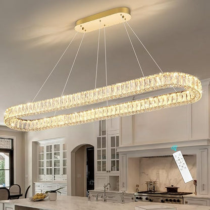 HAIXIANG Crystal 59 Inch Long Chandelier Modern Dimmable LED Chandeliers for Dining Table Pendant Lights Rectangular Glam Lighting Fixtures for Dining Room Kitchen Island Gold