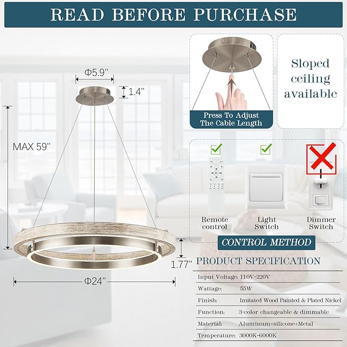 LED 2 Ring Chandelier Dimmable Up Down Light Nickel Chandelier Round Foyer Chandeliers Light Weathered Wood Circular Chandeliers for Dining Room Entry Bedroom Office Living Room