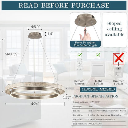 LED 2 Ring Chandelier Dimmable Up Down Light Nickel Chandelier Round Foyer Chandeliers Light Weathered Wood Circular Chandeliers for Dining Room Entry Bedroom Office Living Room