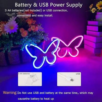 2 Pieces Butterfly Neon Sign, LED Light for Bedroom Wall Decor, USB/Battery Powered Night Light for Kids Room, Girls Home, Wedding, Birthday Party Art Decorations
