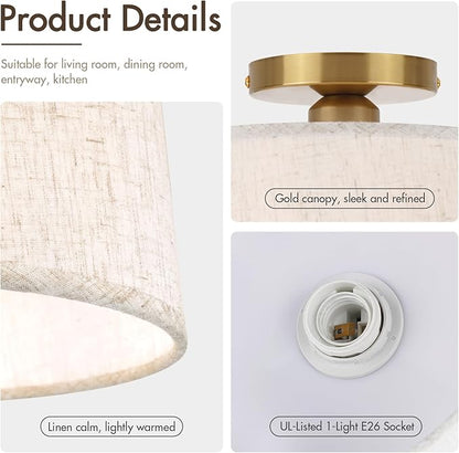 Modern Ceiling Light Fixture, 10 Inch Semi Flush Mount Lamp with Linen Shade, E26 Base, Gold for Kitchen Bedroom Hallway Closet Entryway Room Small Spaces