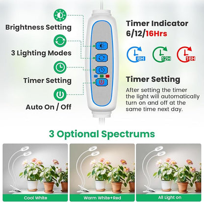 Wiaxulay Grow Lights for Indoor Plants, 96 LED Full Spectrum Halo Plant Grow Light with Clamp, Clip on Grow Lamp with Auto Timer 6/12/16 Hrs, 3 Lighting Mode, 5 Brightness, Two Head, White (3.5in)