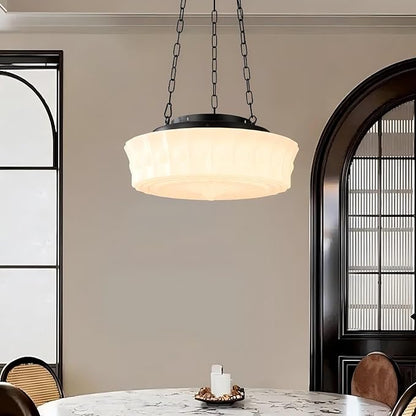LIGHTLAND Milk Glass Pendant Light, 13.8 Inch Mid Century Semi Flush Mount Ceiling Light Fixture with 39.4 Inch Adjustable Chain, Vintage Chandelier for Bedroom, Living Room, Dining Room, Hallway