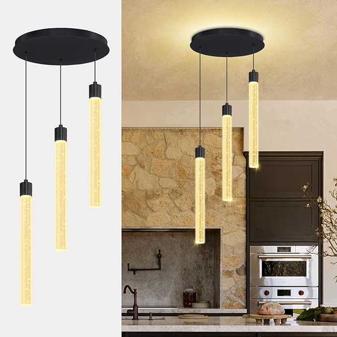 LED Black 3-Light Pendant Light for Kitchen Island Modern Dimmable Led Crystal Column Chandelier for Dining Room Foyer Entryway Hanging Pendant Lighting 2700K-6000K