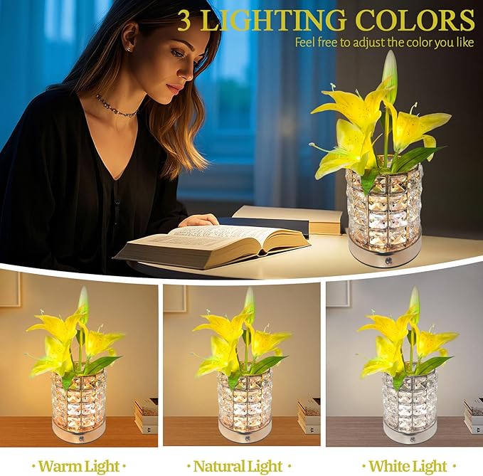 Lily Flower Lamps, Rechargeable Cordless Small Desk Lamp, 3 Colors Dimmable Artificial Flowers Night Light, Fake Bouquet 3 Lilies with Crystal Vase for Home Date Party Decoration (Yellow - Lily)