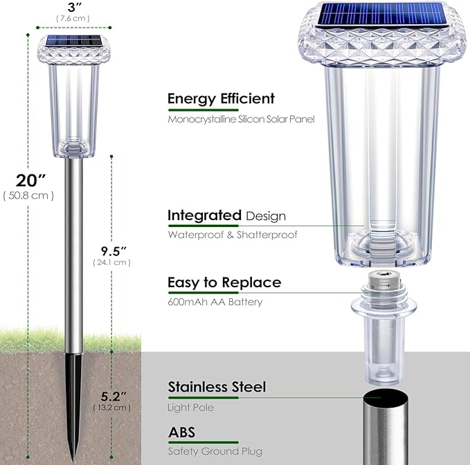 DenicMic Solar Lights Outdoor Waterproof Bright 3000K 4000K 6000K White and 6 Fixed Color and Color Changing LED Landscape Path Lighting for Outside Yard Pathway Walkway Garden Decor 4 Pack
