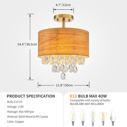 3-Light Drum Wood & K9 Crystal Ceiling Lights, Farmhouse Style Semi-Flushmount Light Fixture for Dining Room, Living Room & Bedroom, D12 * H14 inch, Solid Wood Lampshade & Gold Finish