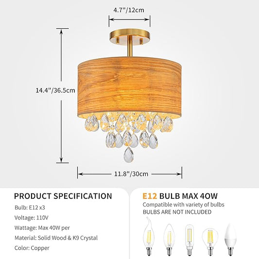 3-Light Drum Wood & K9 Crystal Ceiling Lights, Farmhouse Style Semi-Flushmount Light Fixture for Dining Room, Living Room & Bedroom, D12 * H14 inch, Solid Wood Lampshade & Gold Finish