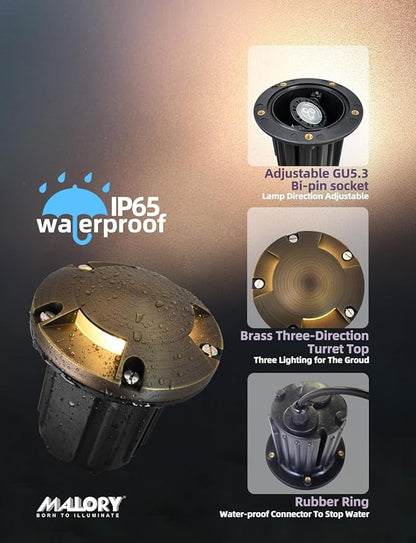 MALORY Brass Top Cover Landscape Well Lights,(φ126 mm) 12V Low Voltage Outdoor In Ground Lights,Landscape Lighting for Pathway, Driveway and Garden (Three-Direction Turret, 4-Pack with Bulb)