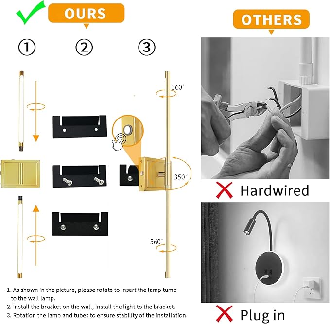 Wall Sconces Set of 2 Battery Operated, 8000mAh USB Rechargeable Wall Sconce with Remote Control, 360°Rotate Dimmable 3000K-6000K LED Dimmable Picture Lamp for Living Room, Bedroom, Hallway (32inch)
