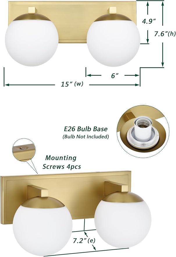 Gold Bathroom Vanity Light Fixtures, 2-Light Globe Bathroom Lighting Fixtures Over Mirror, Modern Wall Lights for Living Room, Long Backplate, Standard E26 Base, Aged Brass