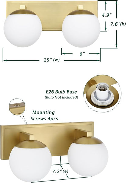 Gold Bathroom Vanity Light Fixtures, 2-Light Globe Bathroom Lighting Fixtures Over Mirror, Modern Wall Lights for Living Room, Long Backplate, Standard E26 Base, Aged Brass