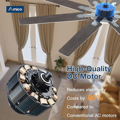 Amico 72 inch Brushed Nickel Ceiling Fan with Light, Large Modern Ceiling Fans with Remote, Reversible DC Motor, Dimmable 3CCT LED, Quiet Indoor/Outdoor for Living Room, Bedroom, Patio