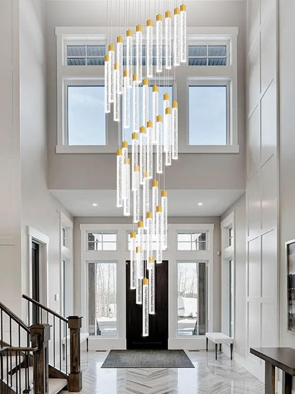 200'' Long Crystal Column Chandelier Gold 36-Light Extra Large Staircase Chandelier High Ceiling Dimmable LED Ceiling Lighting Foyer Entryway Light Source is Replaceable