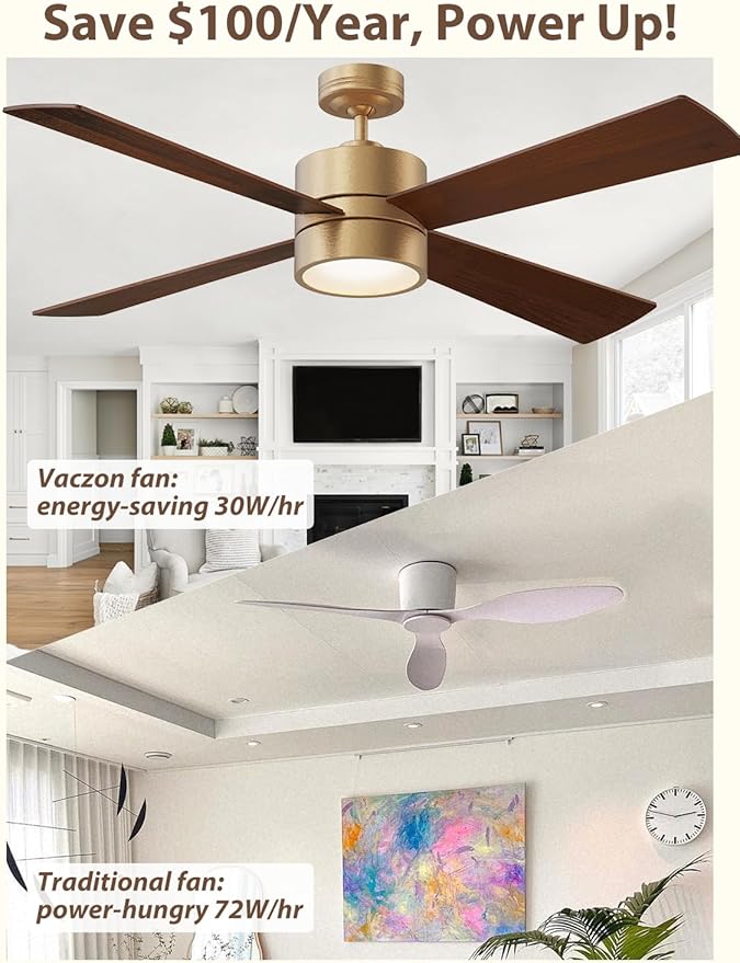 52" Outdoor Ceiling Fan with Lights and Remote – Luxury Gold Finish, Waterproof DC Motor, Reversible, Dimmable LED, Smart APP Control for Patios, Gazebo, and Indoor Spaces