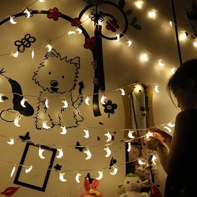 Moon String Lights Ramadan Decor, Outdoor LED String Lights 10Ft 20 LED Battery Operated Fairy Lights for Wedding Garden Decoration,Party Festival Lights, Christmas Thanksgiving Decor