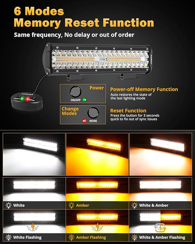 Auxbeam 6 Modes Amber White Series 12 Inch 300W LED Light Bar Dual Color Strobe Function Spot Flood Combo Beam Flashing LED Offroad Light for Pickup Truck Car Jeep