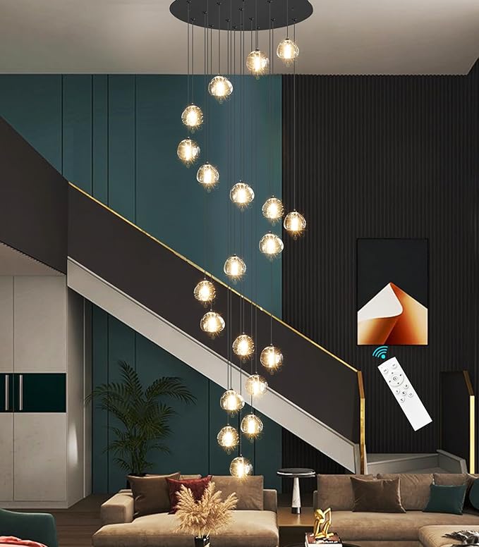 HAIXIANG LED Glam Chandelier 138 inches Long Light Luxury Crystal Ceiling Chandeliers Remote Dimmable High Ceiling Pendants Lighting Fixtures Black 20 Lights