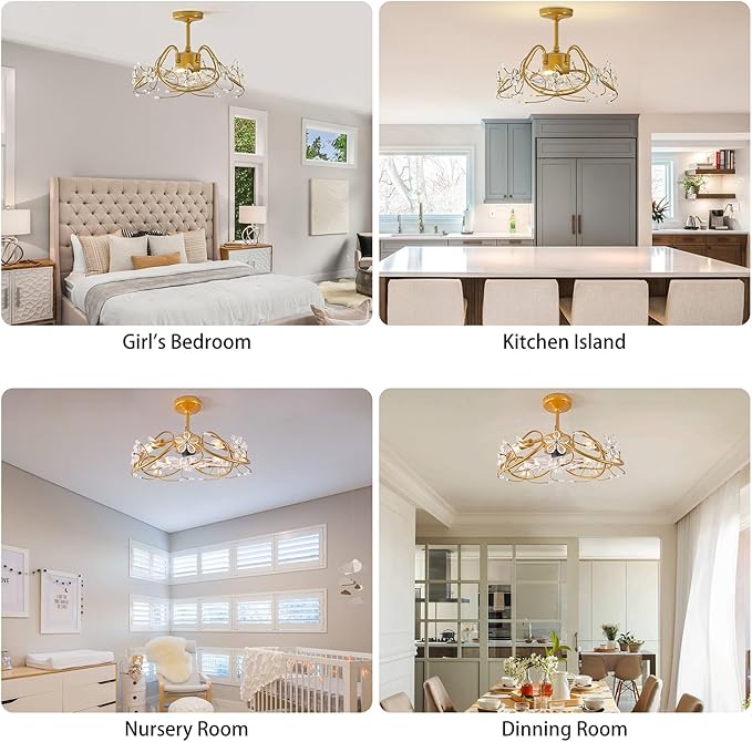 Ganeed 20.5“ Gold Crystal Fandelier Ceiling Fans with Lights, Crystal Diamond Flower Chandelier Ceiling Fan with Remote Control, Modern Caged Fandelier 6 Speeds for Girl's Bedroom, Living Room