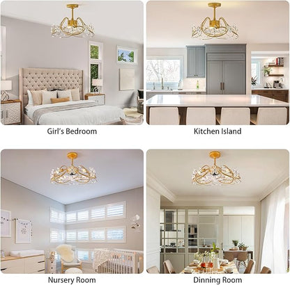 Ganeed 20.5“ Gold Crystal Fandelier Ceiling Fans with Lights, Crystal Diamond Flower Chandelier Ceiling Fan with Remote Control, Modern Caged Fandelier 6 Speeds for Girl's Bedroom, Living Room