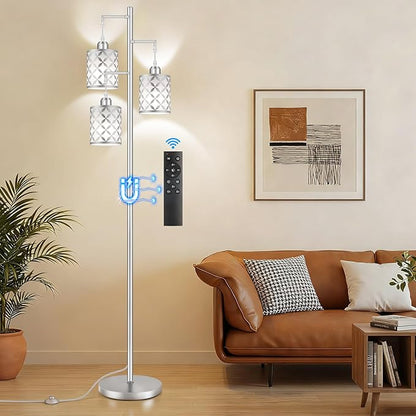 Dimmable Floor Lamp, Farmhouse Standing Lamp with Elegant Metal Cage, Industrial Tall Tree Floor Lamps for Living Room, Bedroom, Study Room, Office, 3 x 800LM LED Bulbs Included, 72",Silver
