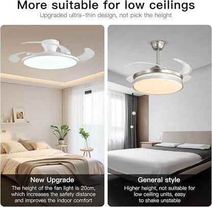 AHAWILL Retractable Ceiling Fan with Lights,42 Inch Low Profile Ceiling Fan with Remote Control,Retractable Blades,Dimmable Full Spectrum,Modern Fandelier for Bedroom Living Room Dinning Room,White