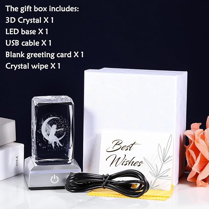 3D Crystal Cube Fairy Night Light Room Decor Paperweight Figurine Statue Gifts for Adults Girls - Engraved Glass Collectible Ornament Gifts for Fairy Lovers