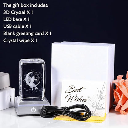 3D Crystal Cube Fairy Night Light Room Decor Paperweight Figurine Statue Gifts for Adults Girls - Engraved Glass Collectible Ornament Gifts for Fairy Lovers