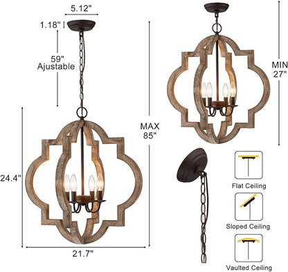 22" Oak Farmhouse Chandeliers Dining Room Light Fixture Over Table Orb Distressed Wood Pendant Light 4-Light Rustic Large Hanging Light for Foyer Entryway Kitchen Island Living Room Bedroom E12
