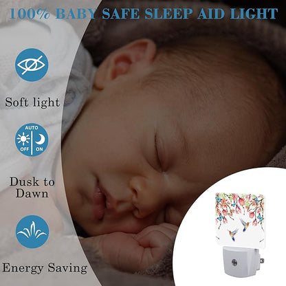 Hummingbirds and Blue Butterflies Night Light Plug into Wall with Dusk to Dawn Sensor Cute Nightlight for Kid Girls Boys Women Men Room Decor, Hallway, Kitchen, Bathroom, Nursery, Stairs