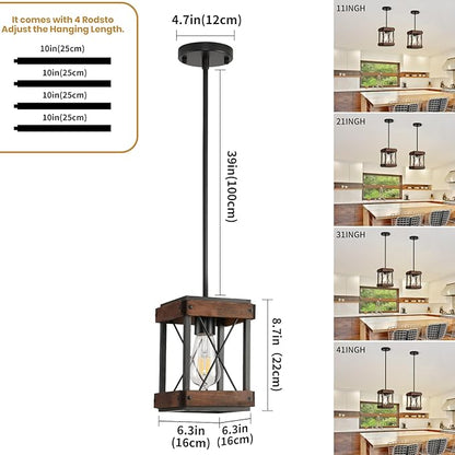 Genuine Wood Farmhouse Pendant Light, 2 Pack Rustic Farmhouse Linear Chandelier with Wood and Metal Cage, Kitchen Island Pendant Light Adjustable Height for Dining Room Light Kitchen Island Bedroom