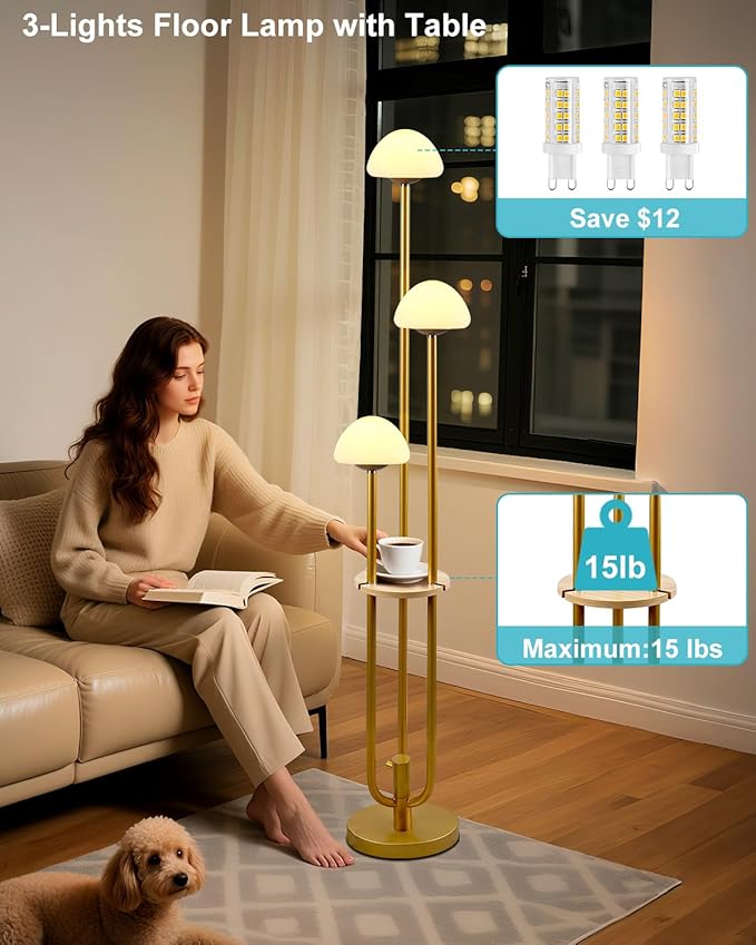 Gold Dimmable Floor Lamp with Table, Modern Floor Lamps with Mushroom Shades for Living Room, 3000K Warm White Tall Standing Lamp with Bulbs& 5Lbs Heavy Base for Bedroom/Office