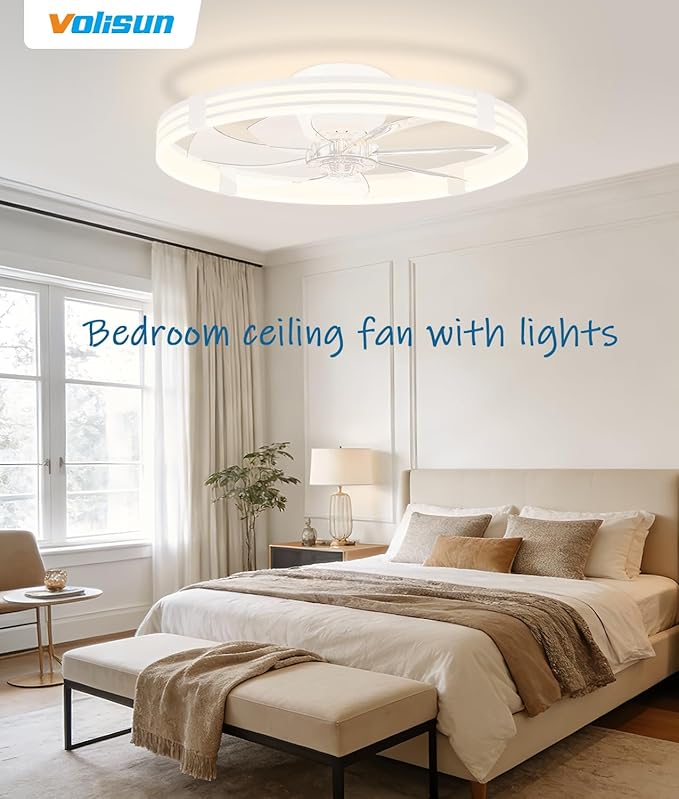 VOLISUN Low Profile Ceiling Fans with Lights and Remote, 24in Flush Mount Ceiling Fan with Light, 3000K-6500K Dimmable Fandelier LED Fan Light, White Bladeless Ceiling Fans with Lights for Bedroom