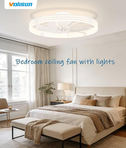 VOLISUN Low Profile Ceiling Fans with Lights and Remote, 24in Flush Mount Ceiling Fan with Light, 3000K-6500K Dimmable Fandelier LED Fan Light, White Bladeless Ceiling Fans with Lights for Bedroom