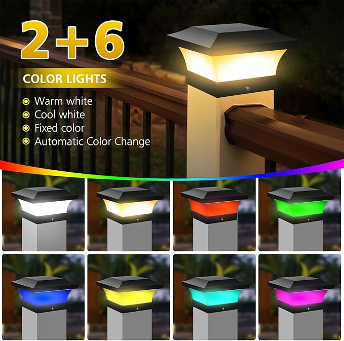 T-SUN 4X4 Post Solar Lights, Outdoor Waterproof RGB Color Changing Light for 4X4 5X5 6X6 Wood/Vinyl/Fence Posts, Deck, Solar Post Lights for Patio Garden Decor or Fence(2 Pack)