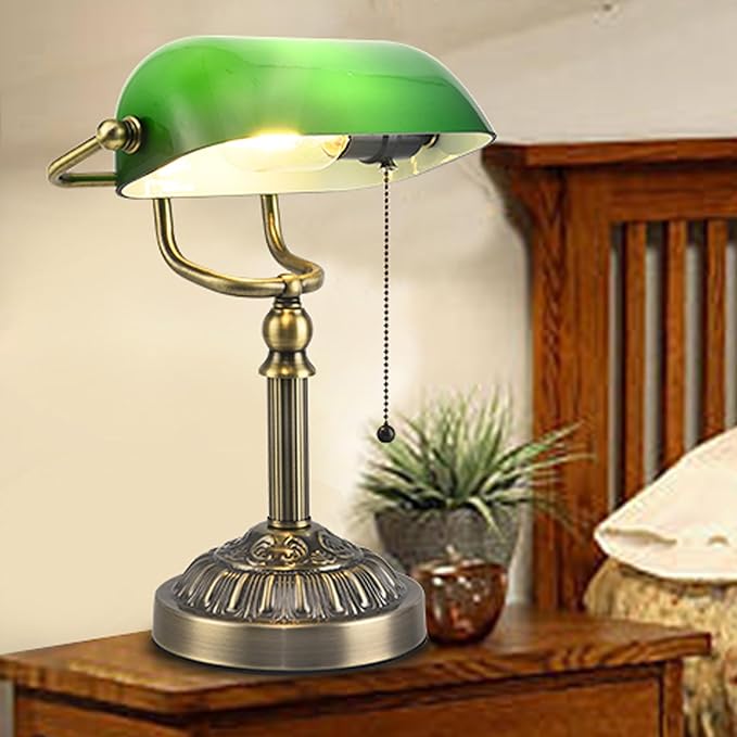 Bankers Desk Lamp with USB-A Charging Port, Vintage Green Glass Desk Lamp with Pull Chain, Antique Brass Banker's Desk Lamp for Home Office Library