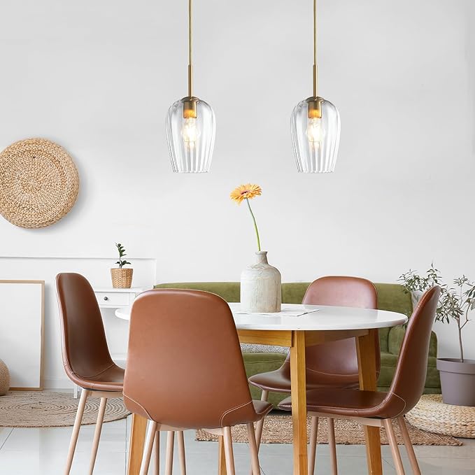 Clear Glass Lampshade Chandelier, Kitchen Ceiling Hanging Lamp Island Light, 5.9" Mini Brushed Gold Modern Pendant Lighting Fixture for Dining Living Room, Entryway