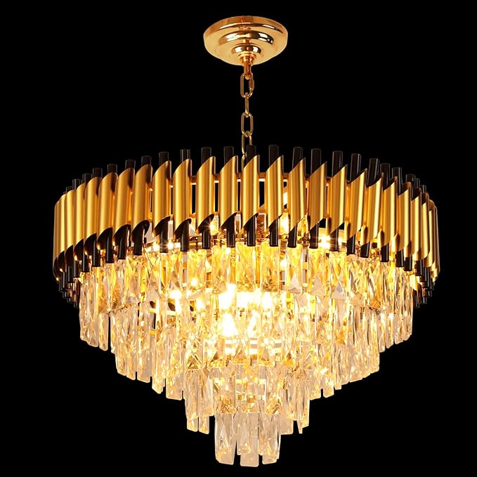 Depuley Modern Gold Crystal Chandelier: 24" 5-Tier K9 Crystal Hanging Light 9-Light Flush Mount Chandelier for Living Room Dining Room Entryway Bedroom Included Bulbs