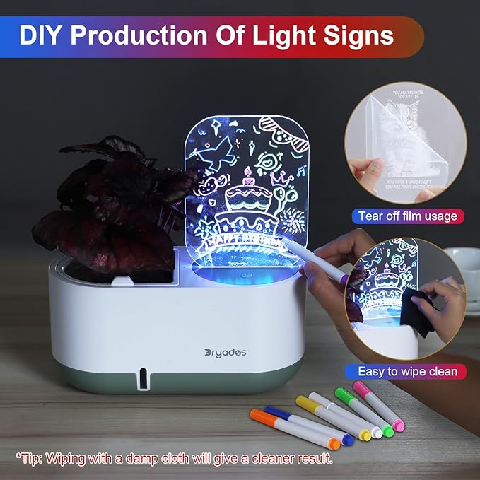 Self-Watering Plant Pot with LED Note Board & 7 Colors Pen Acrylic Message Board with Light Acrylic Dry Erase Board, Led Cat Board Night Light with Planting Pot for Children's Day Gifts(No Plant&Seed)