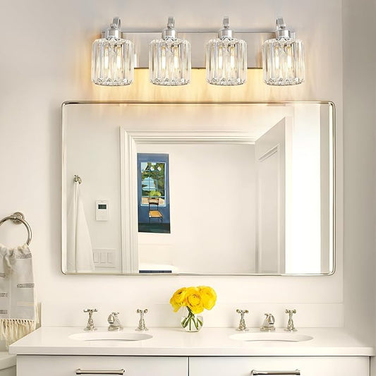 4 Lights Brushed Nickel Vanity Light Crystal Wall Light Bathroom Light Fixtures with Round Shade (Exclude Bulb)