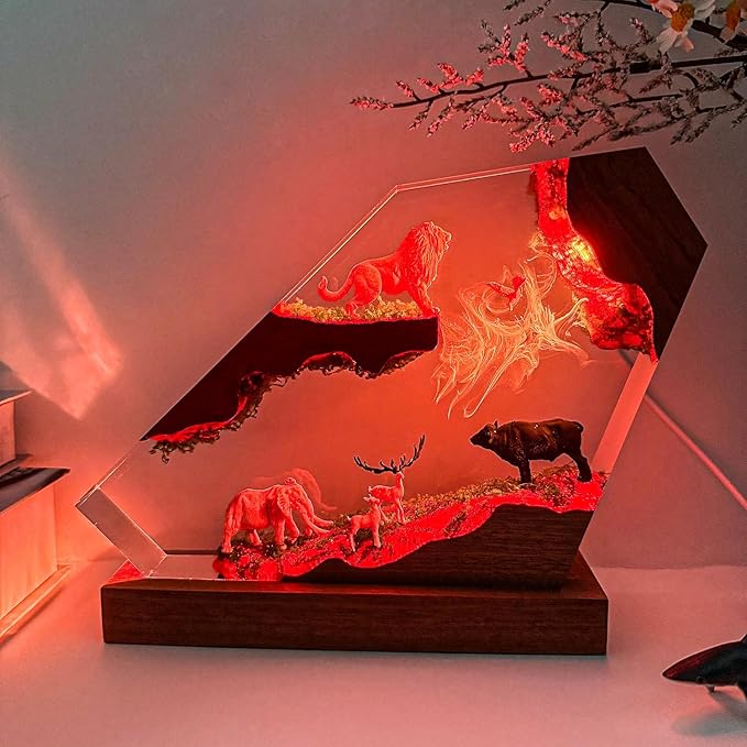 Handmade 3D Lion Resin Lamp,The King of The Forest Figurine Lamp, Animals Resin Night Light with RGB LED Light, Home Office Decor, Unique Anime Gifts for Him Her Kids on Birthday Holiday (6" x 4")