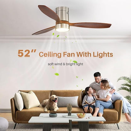 Sofucor 52 Inch Smart Ceiling Fans with Light-Modern Solid Wood Outdoor 3 Blades Ceiling Fan with Alexa/Google/APP/Remote Control for Bedroom Living Room Indoor Farmhouse Patio,DC Motor,Silver & Brown