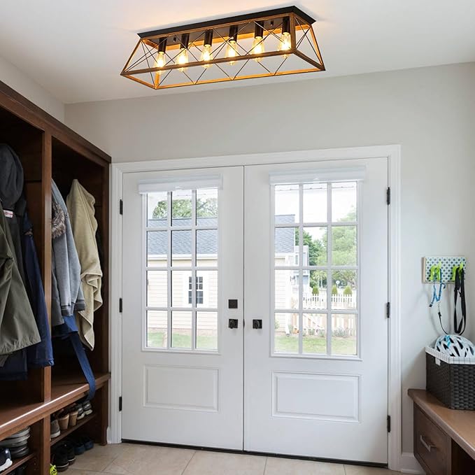 38” Large Flush Mount Ceiling Light Fixture, 6-Light Vintage Industrial Flush Mount Chandelier with Cage Design, Walnut Finish Farmhouse Lighting for Dining Room Kitchen Island Living Room Hallway