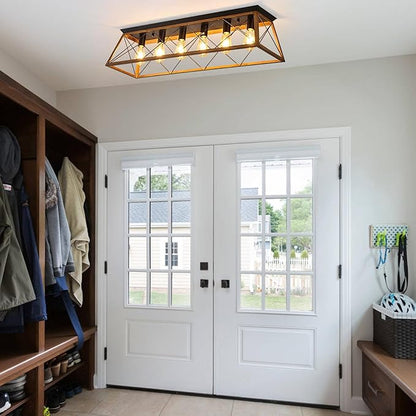38” Large Flush Mount Ceiling Light Fixture, 6-Light Vintage Industrial Flush Mount Chandelier with Cage Design, Walnut Finish Farmhouse Lighting for Dining Room Kitchen Island Living Room Hallway